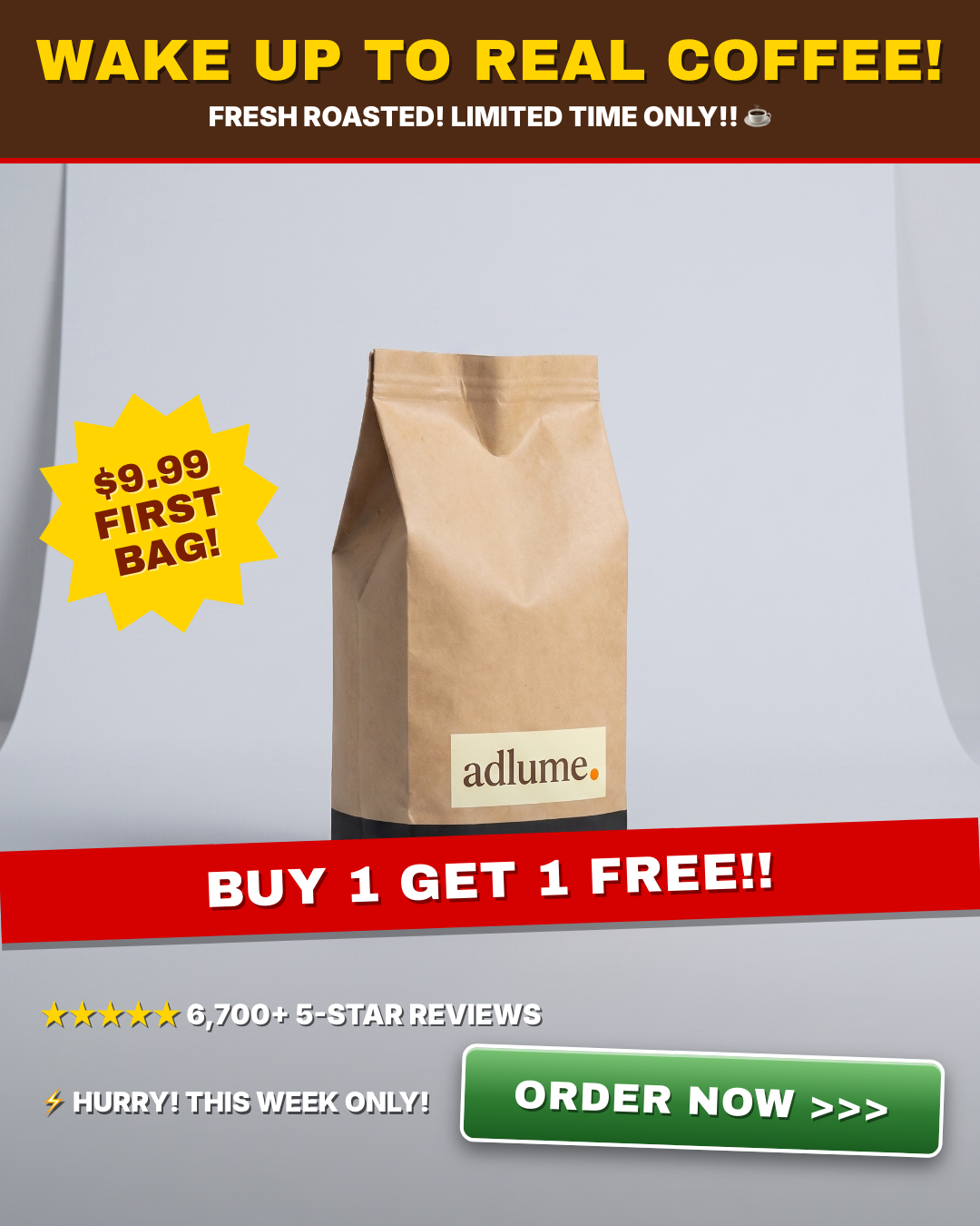 A coffee brand's 2020 flyer ad rebuilt as a warm rustic Adlume ad frame