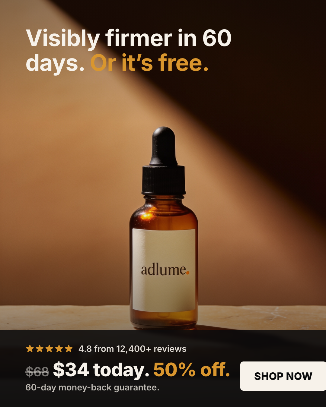 A serum brand's 2020 ad rebuilt as a warm editorial Adlume ad frame